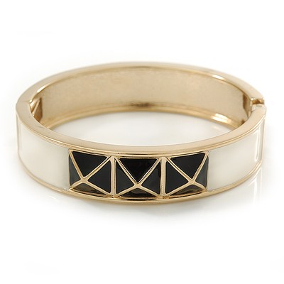 Weiße Emaille, schwarze quadratische Pyramide Ohrstecker Scharnier Armreif Armband in Vergoldung