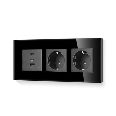 Schuko Doppelt Steckdose 3 Ports Typ C USB Ladeanschluss Glasrahmen Schwarz 2