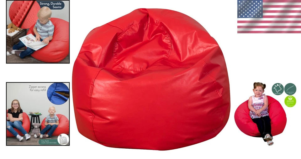 Kids Bean Bag Chair 26 Inch Round Soft Red  Leather for Playroom Seating - Image 2 of 4