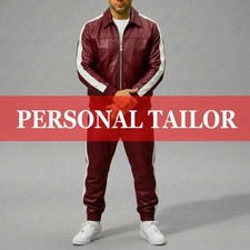 Men's Genuine Lambskin Leather TrackSuit Front Zipper Sweatsuit Burgundy/White
