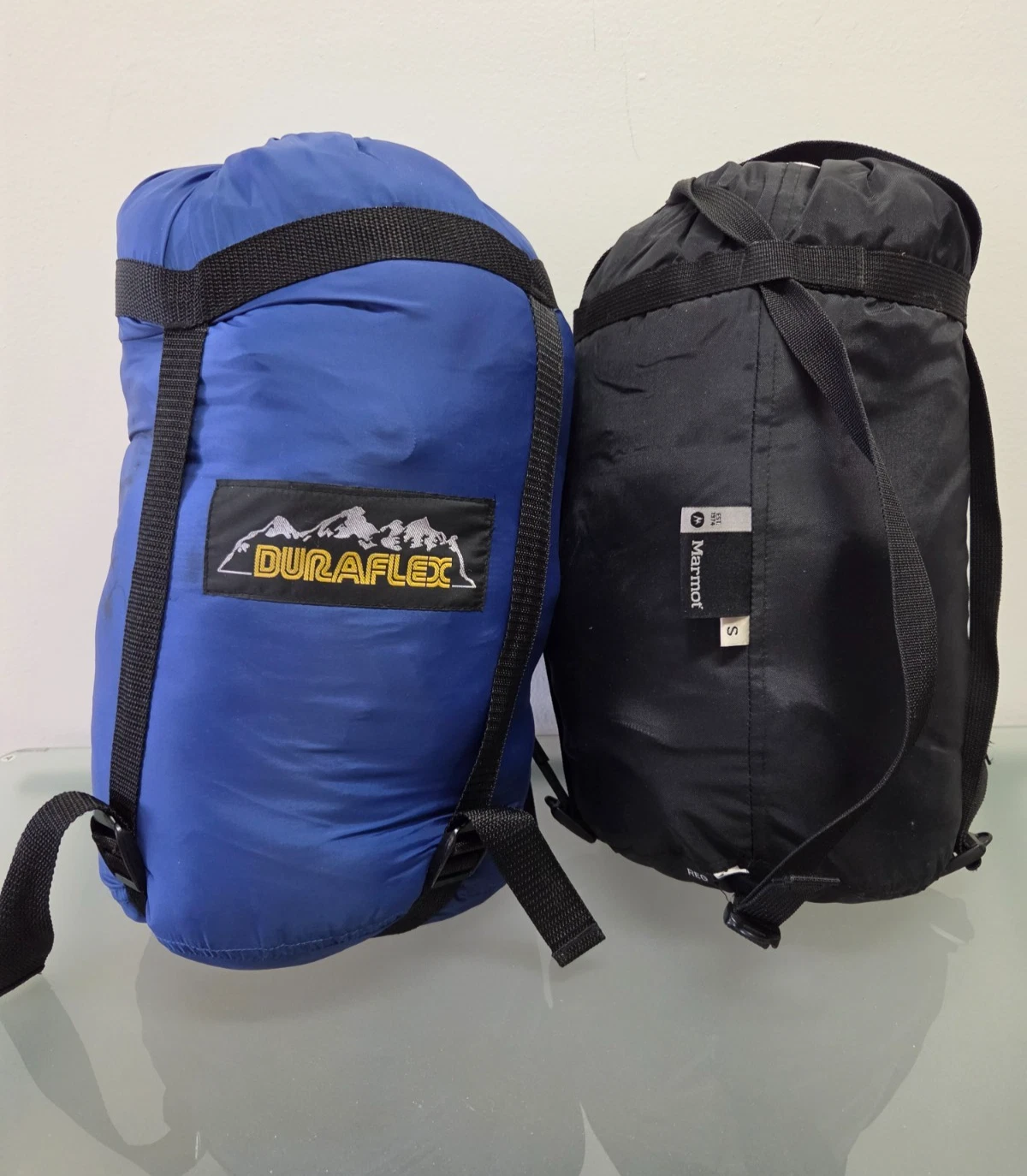 Marmot (S) &Duraflex/Hollofil II (Dupont) Sleeping Bags: TWO ITEMS: Blue & BlacK