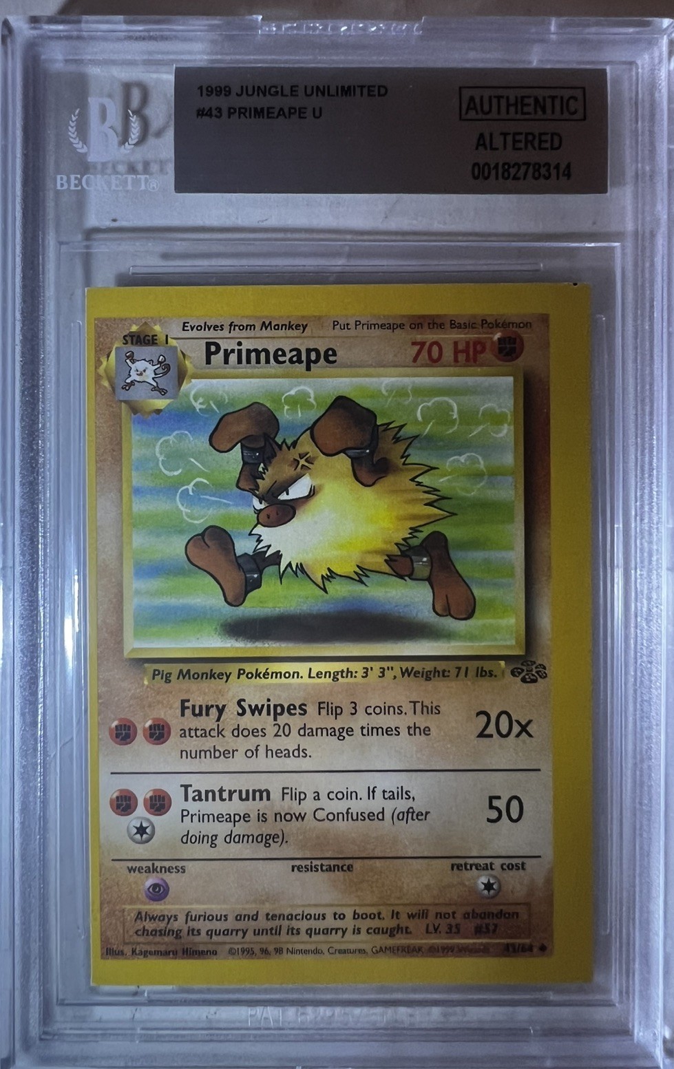 1999 Primeape Jungle Unlimited Pokemon non holo #43 square cut RARE miscut BGS