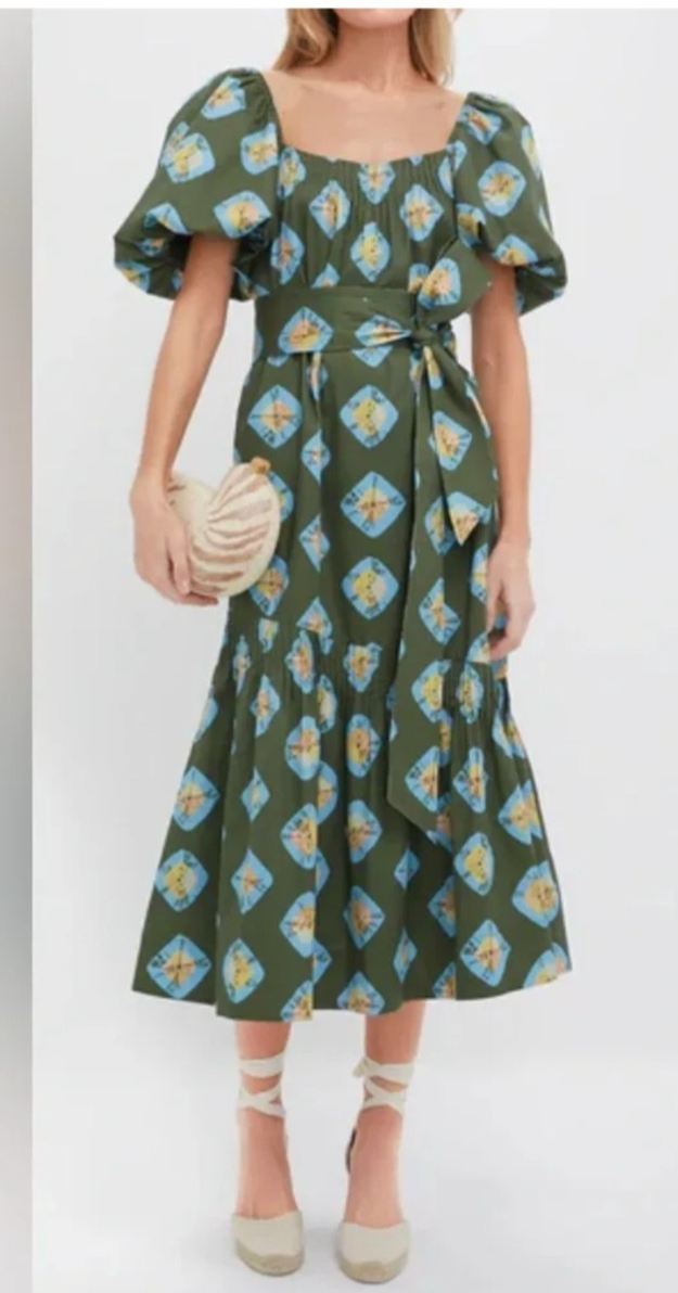 TUCKERNUCK CLARY Olive and Aqua Diamond Cotton Dress 👗 XL **READ**