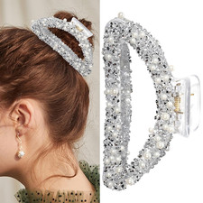 Rhinestone Bow Hair Claw Clip with Pearl, Elegant Non-Slip Hair Accessories for