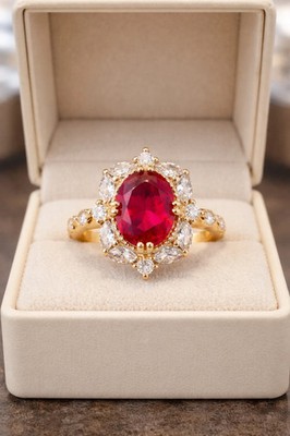 5.55 Ct Oval Cut Natural Ruby & Diamond Wedding Ring 14K Yellow Gold
