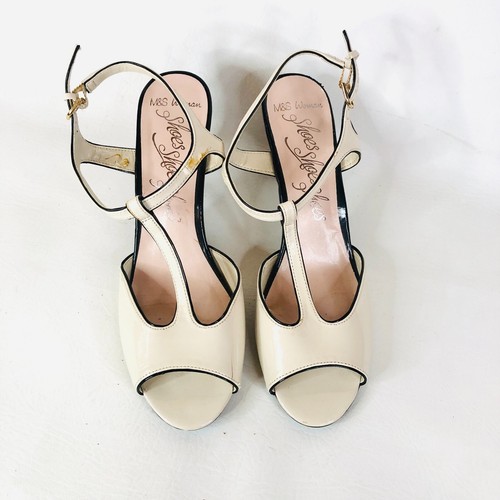 M&S Woman Cream & Black Monochrome Mid Heel Peeptoe T-bar Heels Size 6.5 (39.5) - Picture 3 of 14