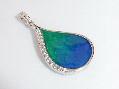 Damen Anhänger Halskette massiv Sterling 925 Silber Emaille weißer Saphir Anhänger