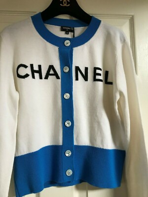 Chanel 19S NEW LA PAUSA Ecru Blue CC LOGO JACKET CARDIGAN FR38