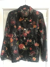 Citron Of Santa Monica Black Floral Embroidered Silk & Linen Jacket Size XL