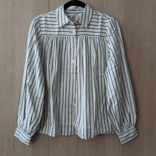 NEW AYR Womens XS Shirt Top Green Cream Striped Silk Long Sleeve Button Down