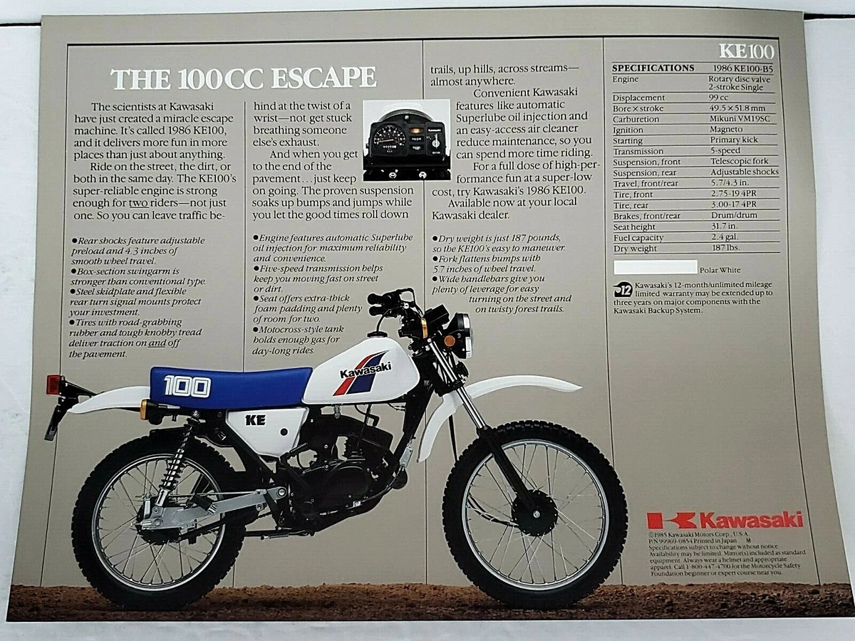 Vintage 1986 KAWASAKI KE100 Dirt Street Motorcycle Sales ad 2 Sided w Spec