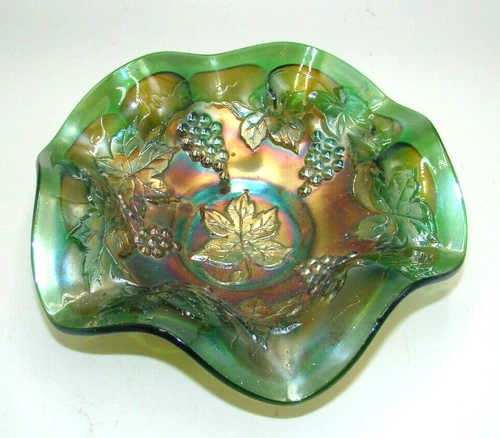 Fenton Vintage Grape Green Carnival Glass Bowl