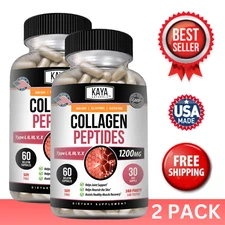 (2 Pack) Collagen Peptides Hydrolyzed Types I, II, III, V, X 1200mg 60ct Skin