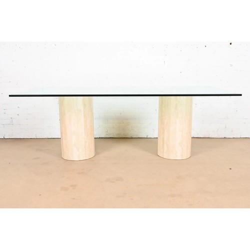 Matteo Grassi Modern Italian Travertine Double Pedestal Glass Top Dining Table - Picture 2 of 7