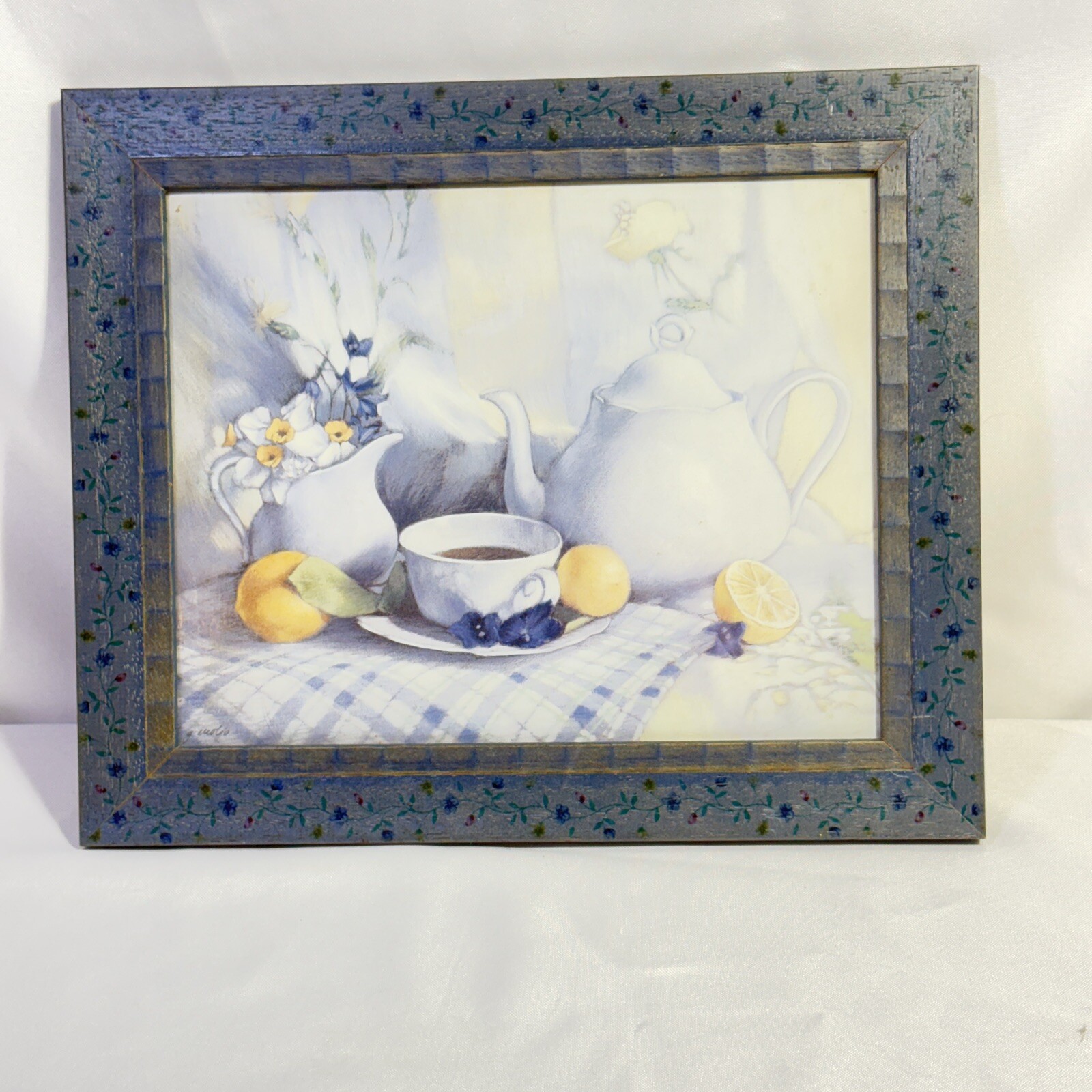 Vintage Framed Blue Tea Set Painting W/ Painted Floral Accent Cottage Core