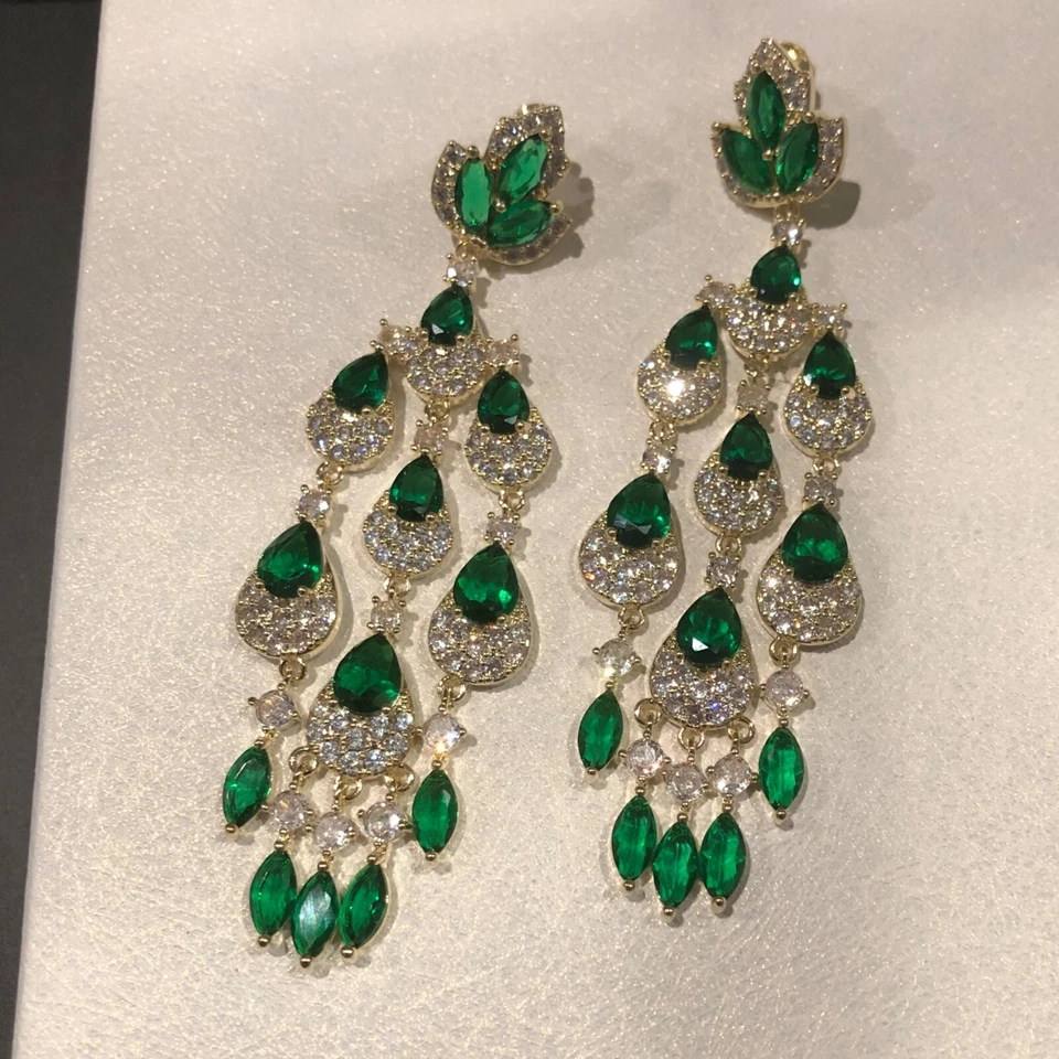 Pendientes araña de boda enchapados en oro de 18k creados en laboratorio esmeralda verde regalo para mujer Foto 2 de 4