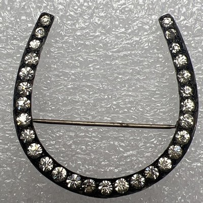 Antique Sterling Silver Horseshoe Brooch Rhinestones C Clasp Lucky Pin