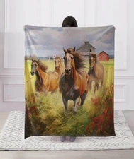Horses on the Farm Equestrian High Quality Faux Fur Throw Blanket Super Soft