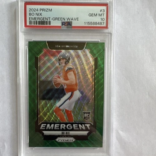 Panini Prizm 2024 Emergent Bo Nix Green Wave Prizm Rookie #3 PSA 10 Broncos