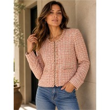 Cynthia Rowley Coral Cream Tweed Boucl  Fringe Zip Jacket Blazer
