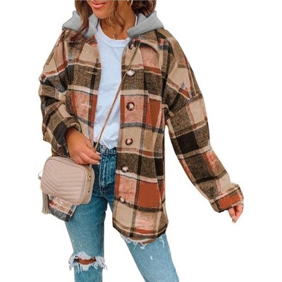 EVALESS Womens Plaid Corduroy Flannel Jacket Long Sleeve Hooded Coat, Size Small