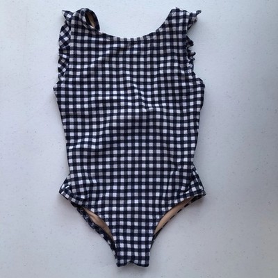 Girls Crewcuts Size 3 One Piece Swimsuit Navy Blue Gingham Flutter Sleeve Preppy
