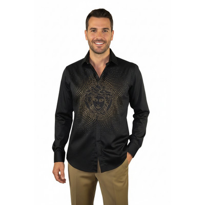 Mens CEREMONIA Shirt 100% Cotton Medusa Medallion Rhine Stones #stn 15 vrs black