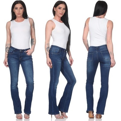 Schlaghose Damen Hüftjeans Low Waist Stretch Bootcut Jeans Blau Flared Trend