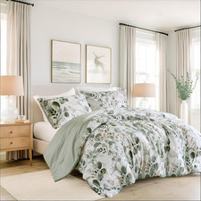 Lightweight Seersucker Botanical Comforter Set Queen Size, 3 Pieces Reversible D