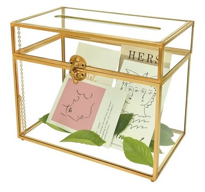 Gold Glass Wedding Card Box Envelope Holder w/ Slot & Feet Party Centerpiece