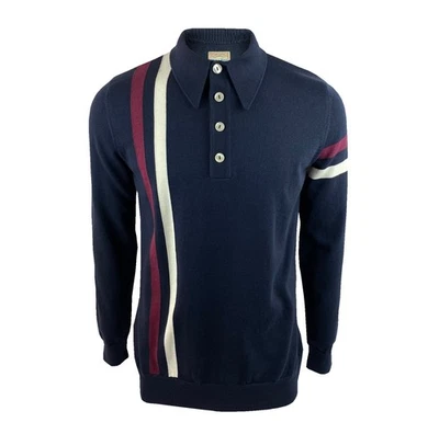 Ska & Soul Retro Striped Fine Gauge Knitted L/S Polo - Navy - Mod, Ska - New