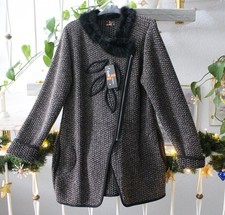 Jacke Strick Schwarz  meliert Taschen Reißverschluss Pelzbesatz Gr. L