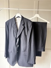 Crombie Wool Suit Set 46L Black Pinstripe 2 Piece