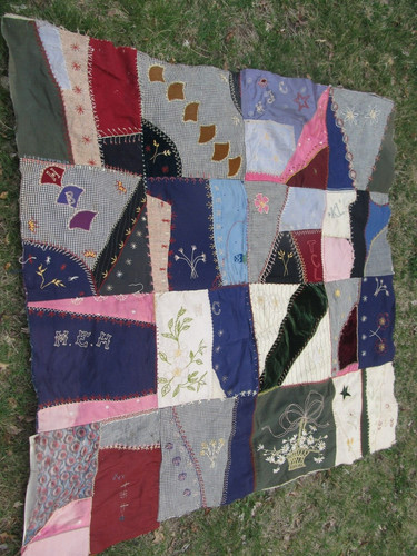 THE BEST 1890 Antique Handmade Patchwork & Embroidered CRAZY Quilt, w/INITIALS