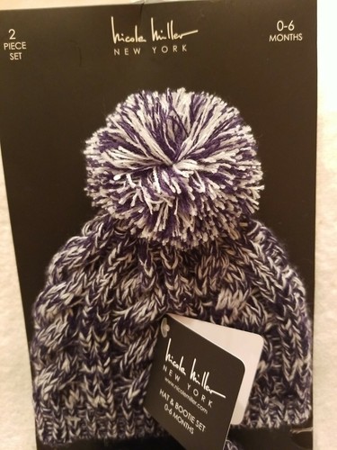 Nicole Miller Baby Cable Knit 2 Pc Set Hat And Booties 0-6 Mo NWT navy/white - Picture 2 of 6