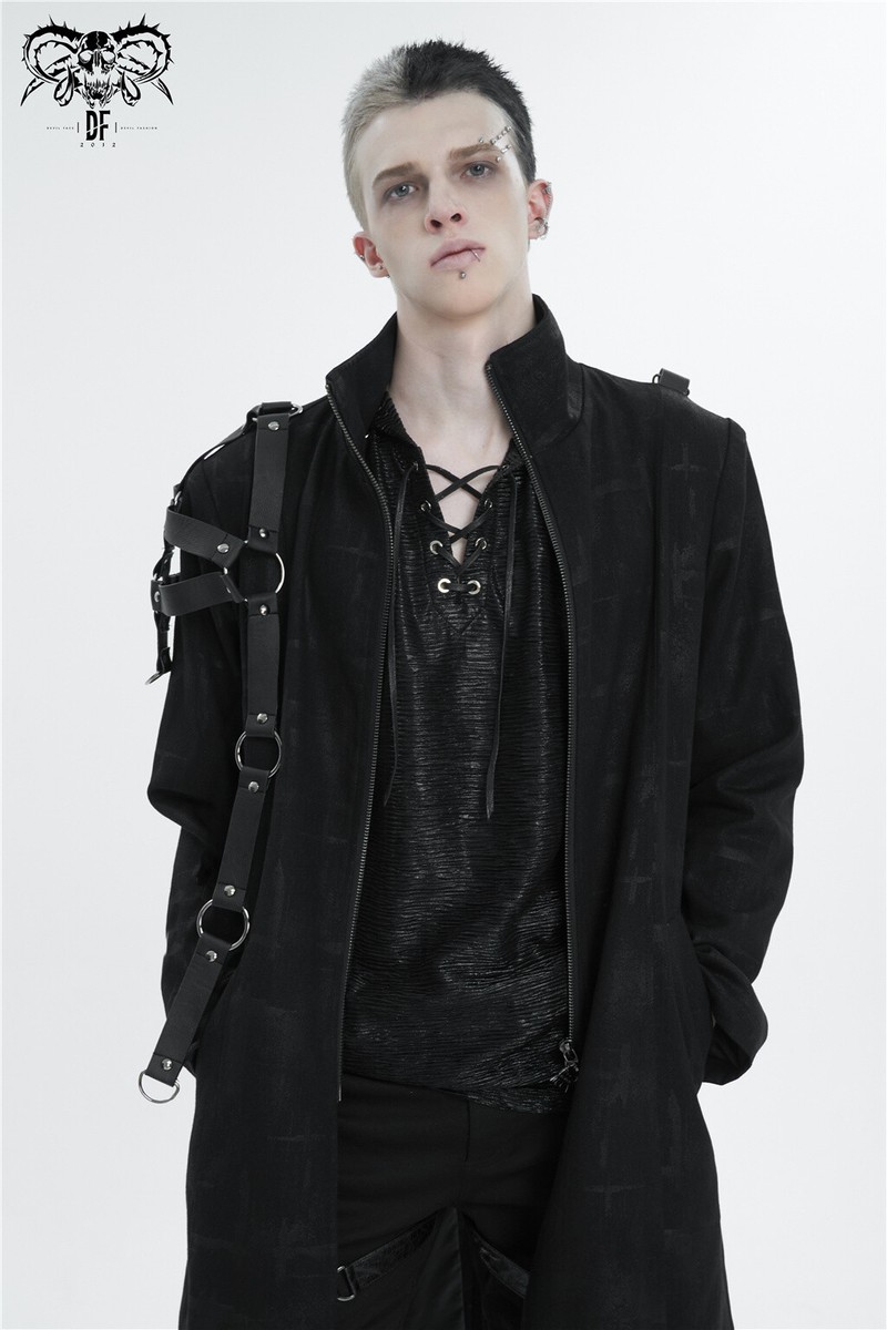 Devil Fashion Men Black Gothic Punk Zipper Chain Asymmetric Coat
