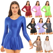 Women Shiny Oil Mini Skater Dress Athletic Dance Gymnastics Leotard Swim Dresses