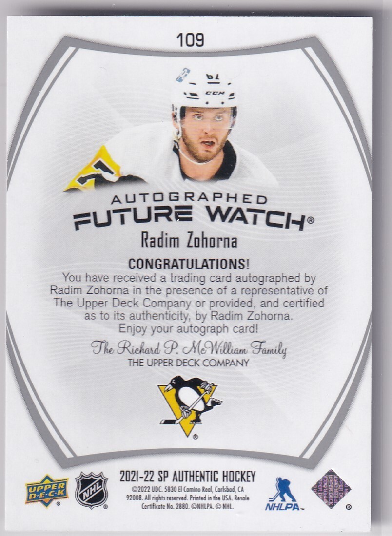 2021-22 SP Authentic Hockey Radim Zohorna Future Watch Auto #620