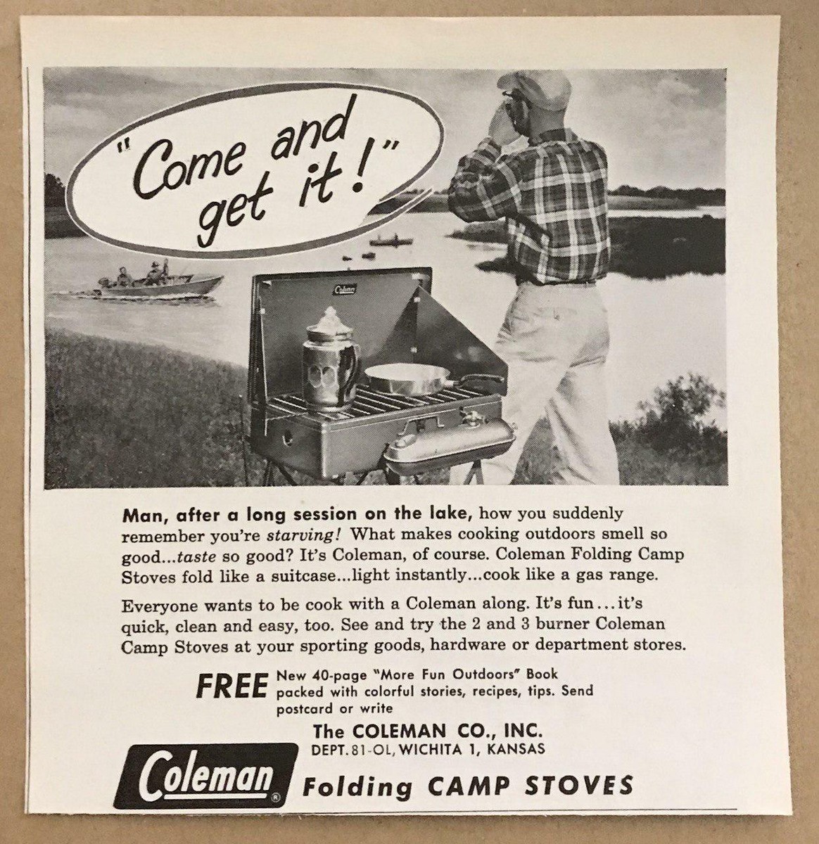1958 Coleman Folding Camp Stoves Print Ad Starving After a Day on the Lake