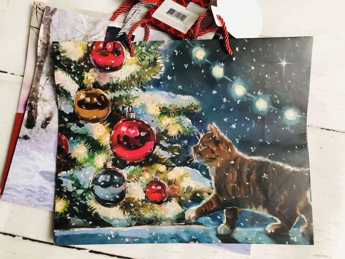 Cat scene Christmas Gift Bags With Gift Tags 15”X 12”Large Set Of