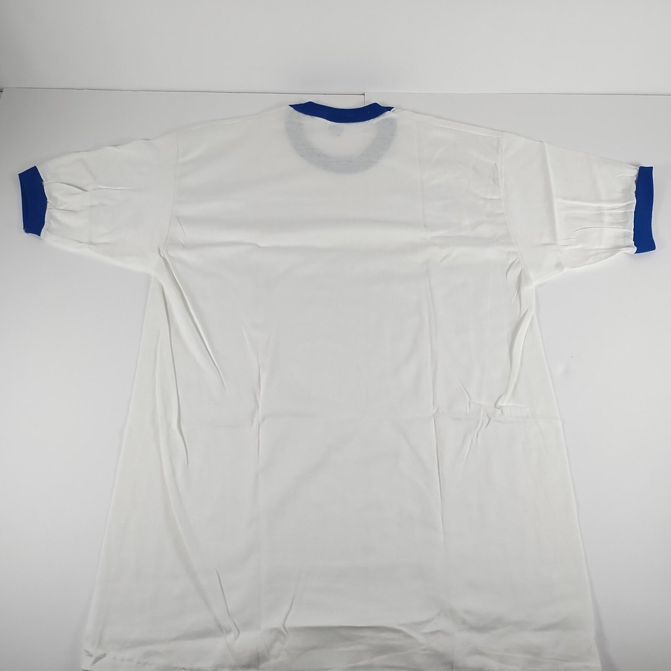 Vintage TShirt Blank Mens Large White Blue Ringer Short Sleeve