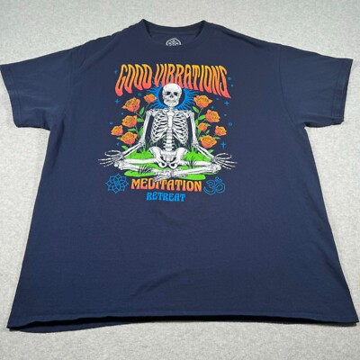 DOM Shirt Adult Extra Large Navy Blue Skeleton Skull Good Vibrations Meditation