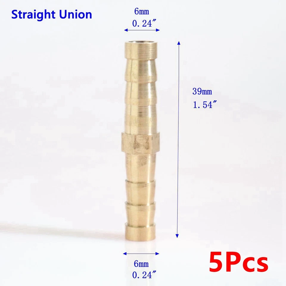 5Pcs 6mm 1/4" Brass Fitting Pipe Tubing Straight Union Hose Barb Water Gas Air - Image 4 of 4