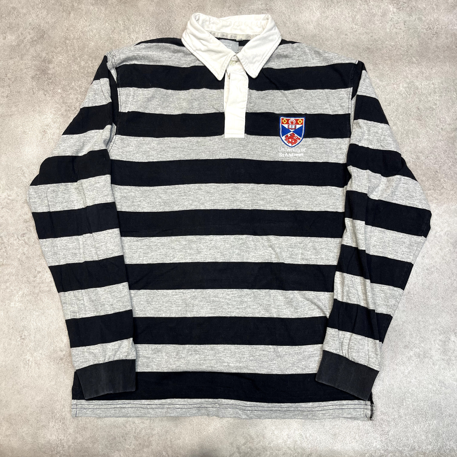 St. Andrews Rugby Polo Shirt Mens Medium USA 90s Striped Vintage Top, Grey