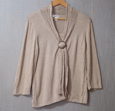 Christopher & Banks 3/4 Sleeve Pullover Sweater Tan Tie Neck Women's L #H67-30