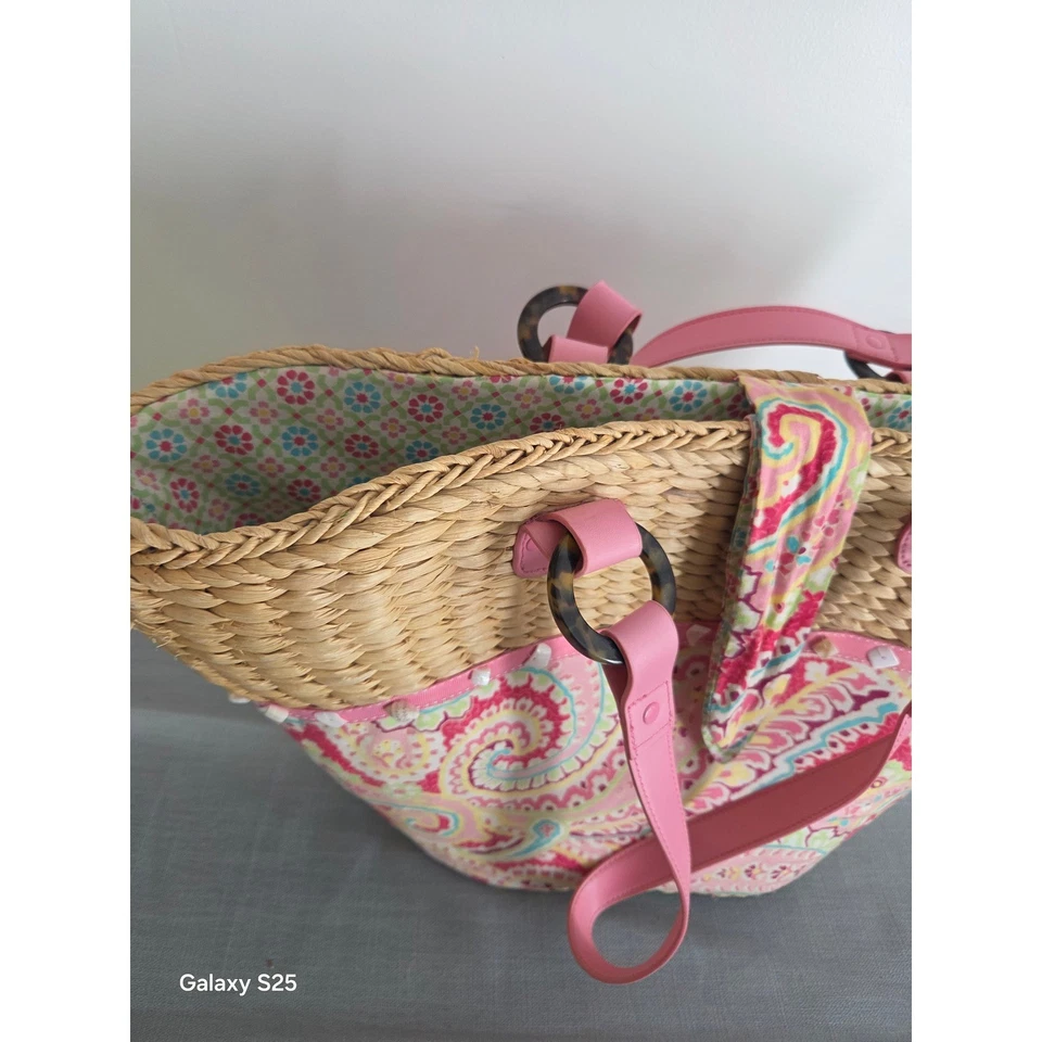 Bolso de Mano Vera Bradley Tejido de Paja Rosa Estampado Paisley Forro Playa Verano Foto 2 de 4