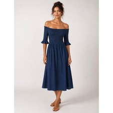 Marc Jacobs Smocked Midi Dress Womens Size M Blue Off Shoulder Denim Boho Resort