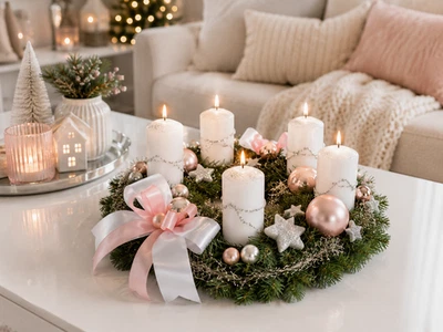 Adventskranz weiß rosa 45 cm künstlich Weihnachten Adventsgesteck Deko Kerzen - Bild 1 von 4