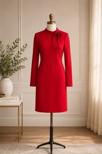 Calvin Klein Red Sheath Dress Long Sleeve Knee Length Bow Neck Career Size 8 NWT