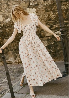 Doen Women's Floral Red White Stanza Puff Sleeve Sweet Abelia Midi Dress XL